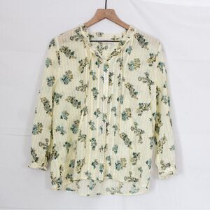 Loft Tie Neck Floral and Striped Peasant Blouse - Medium, Yellow Stripe